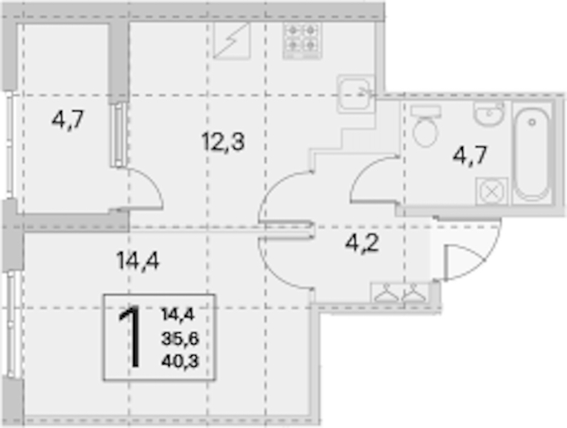 1-комнатная квартира 35.6 м², 3/5 эт., ЖК «ЮгТаун. Олимпийские кварталы»